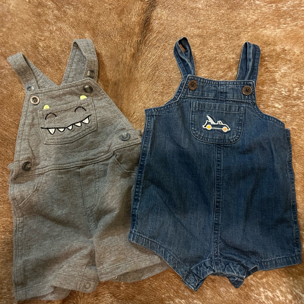 9-12 Month Lot Of 2 Shortalls Overalls Shorts Monster Car Denim Summer Vacation